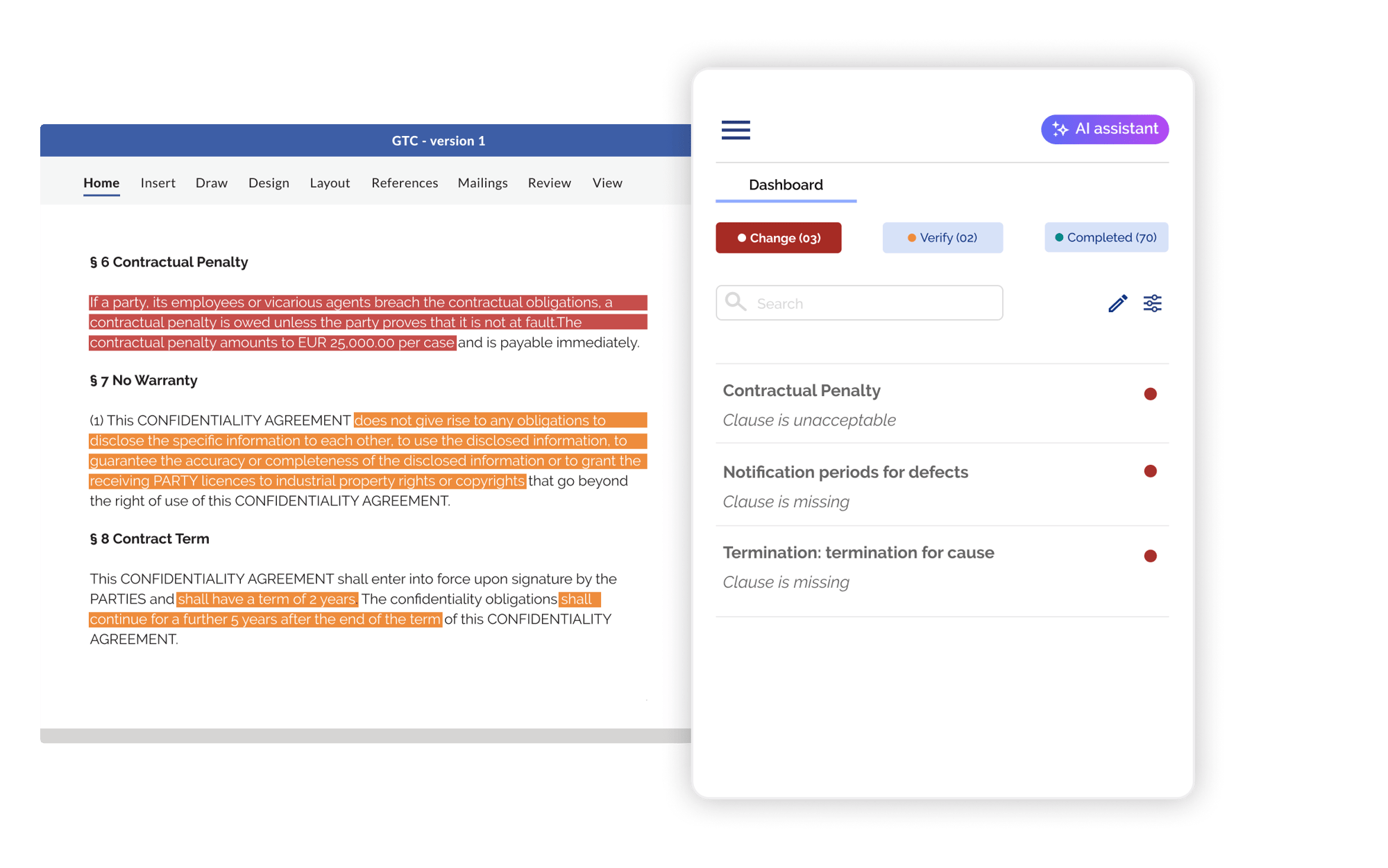 shows the Legartis Word Add-in inclusive an AI Assistant to review and analyse contracts